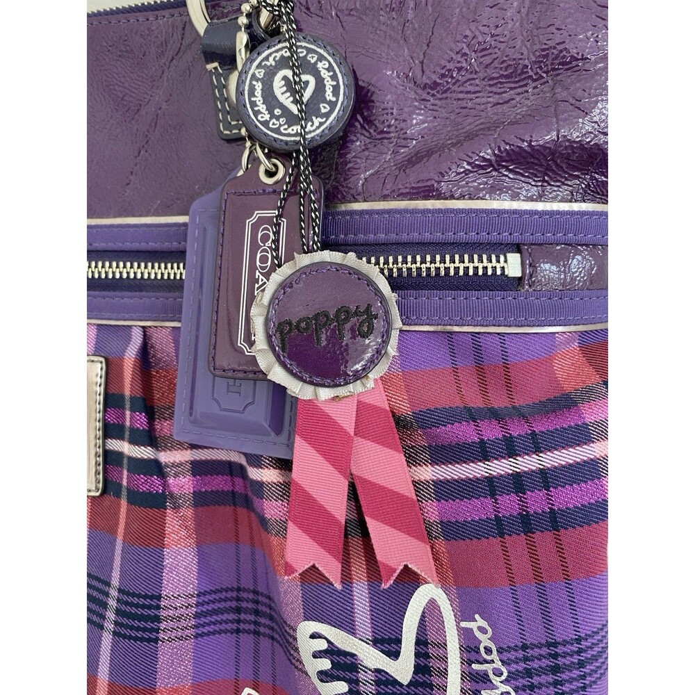 Large Rare Coach Poppy Y2K Purple Tartan Plaid Glam Tote Shoulder Bag - Picture 4 of 12